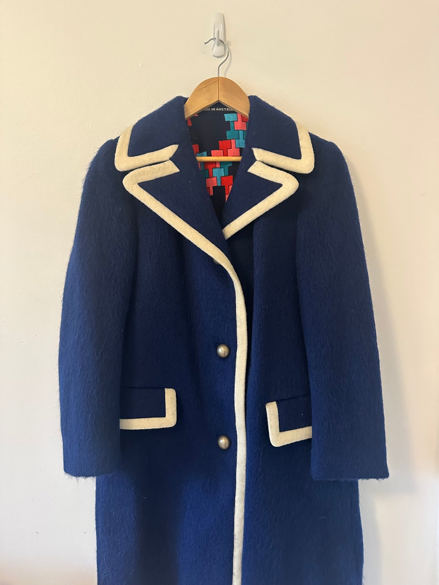 Lodenfrey Vintage Blue Wool Coat with Cream Trim