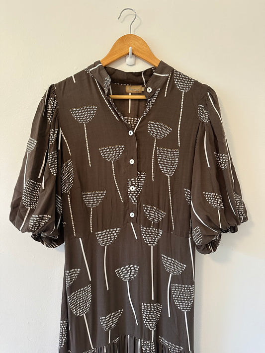 Skemo Brown Floral Dress with Gold Beading - Size Small