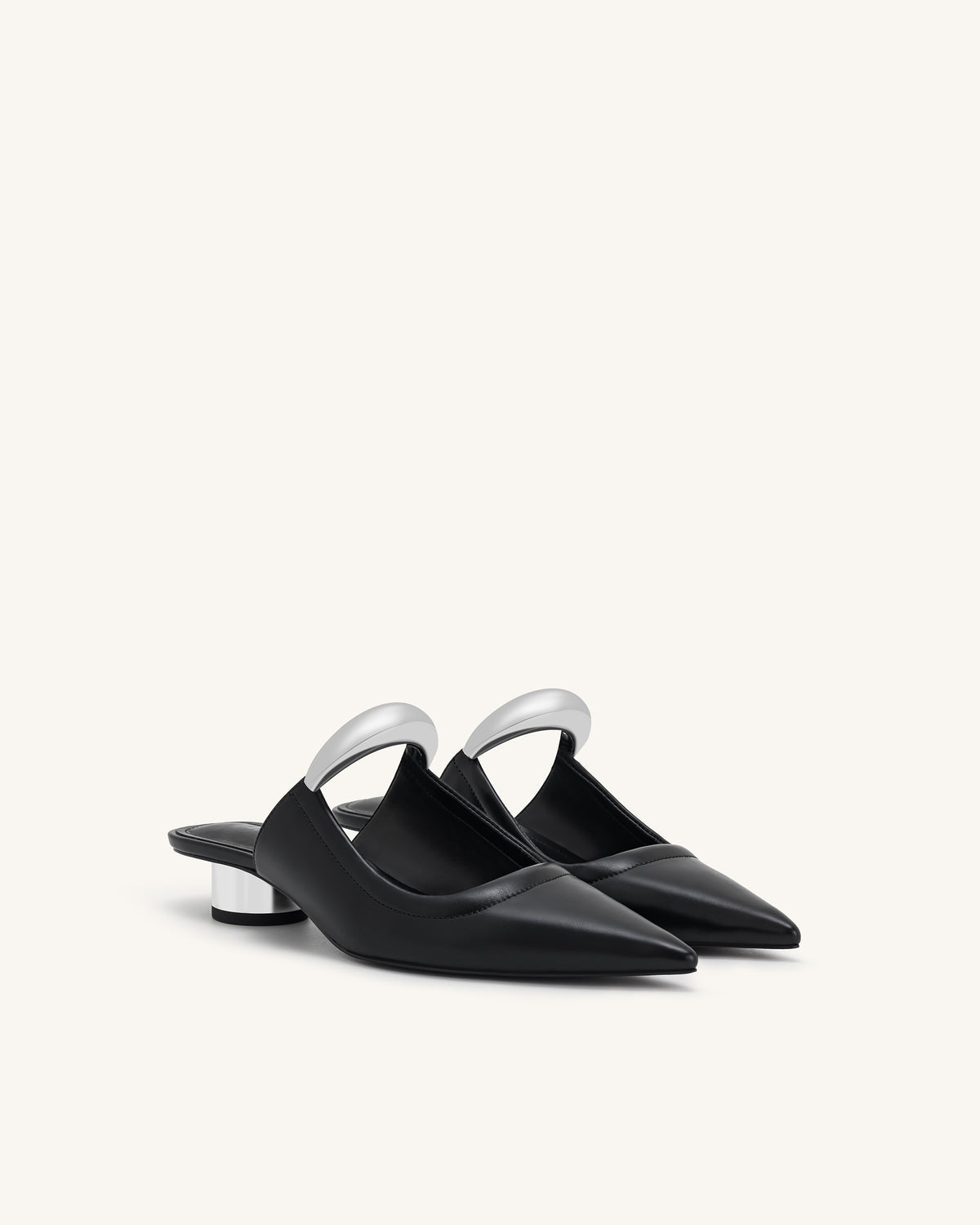 New JW PEI - Black Helena Pierced Mules with Silver Accents in Vegan Leather | Size 8