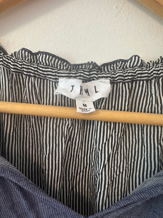 THML Striped Yellow and Blue Women's Flowy Top with Tassels - Size Medium