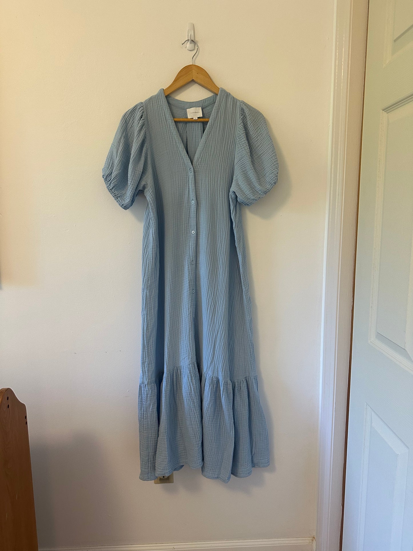 Sundays - Light Blue Decker Button Front Dress in Cotton Gauze | Size Small