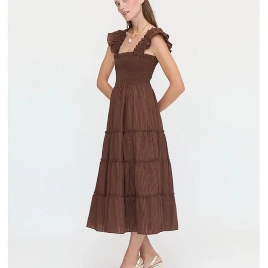 Hill House The Ellie Nap Dress in Chocolate Tonal Seersucker- Size XS