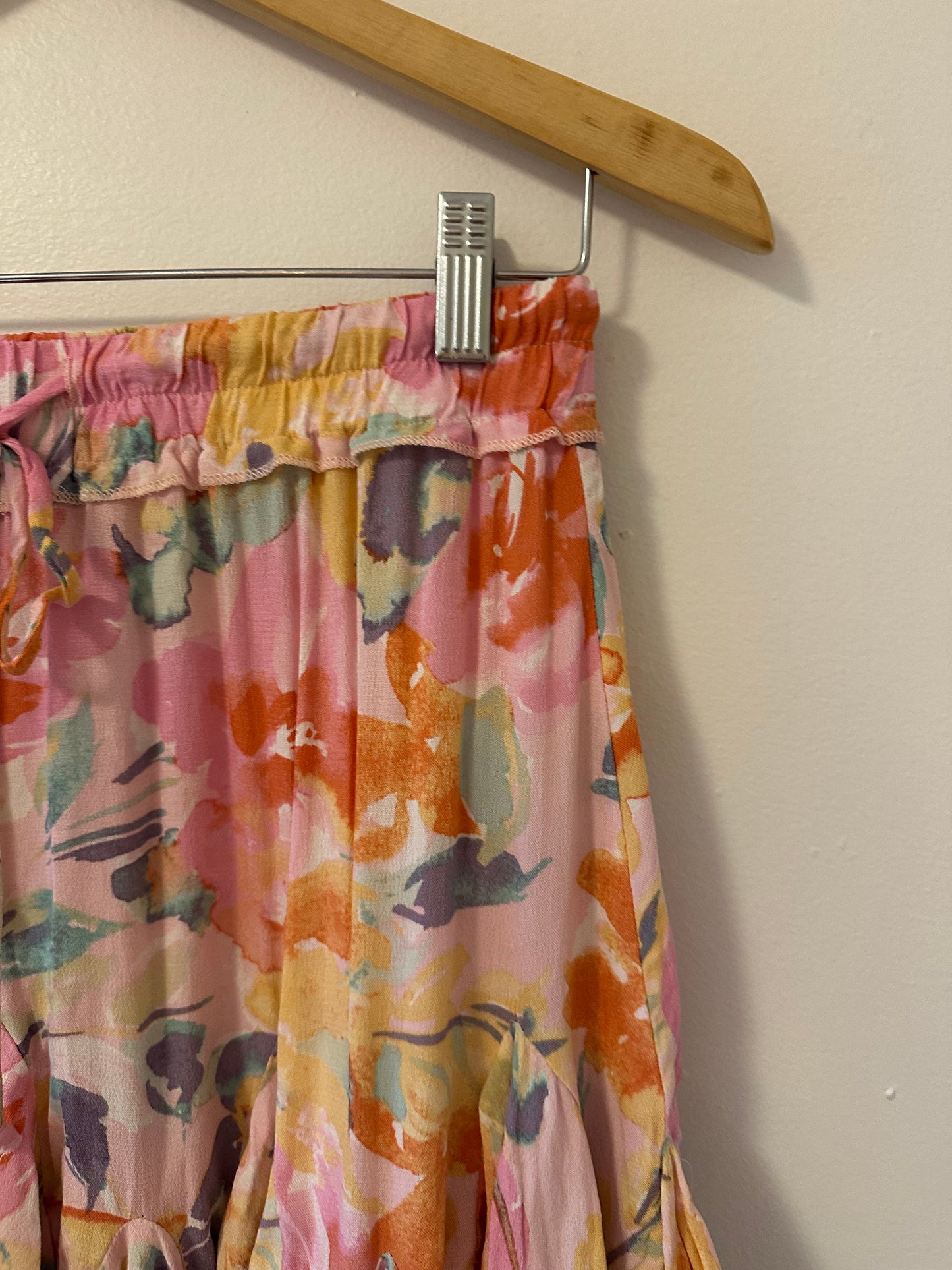 Olivaceous Pink Multicolor Floral Ruffle Mini Skirt - Size Medium