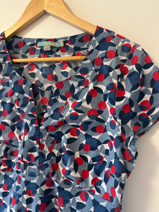 Boden Notch Neck Poplin Blue and Red Patterned Blouse - Size 12