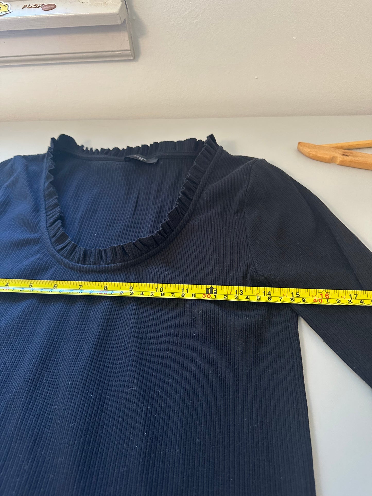 J. Crew - Vintage Ribbed Black Ruffled Long Sleeve Scoop Neck T-Shirt | Size Medium