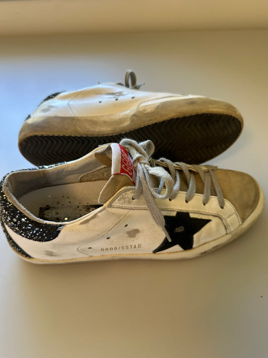 Golden Goose Super-Star Sneakers with a Star and Black Glitter Heel | Size 39