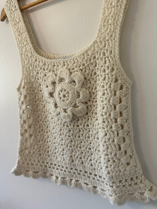 Batsheva Daisy Crochet Tank Top in Cream | Size Medium