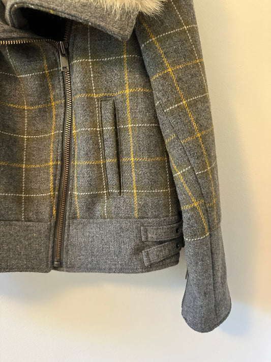 Banana Republic Faux Fur Gray and Yellow Plaid Moto Jacket | Size Small Petite