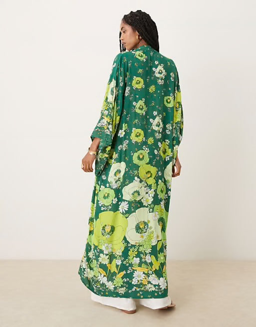 Free People Hidden Hills Floral Green Kimono Robe