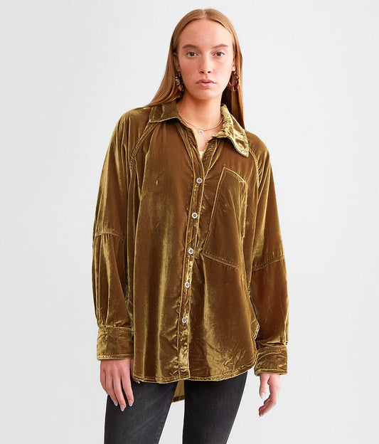 Free People We The Free Night Skies Velvet Blouse in Golden Brown - Size Medium
