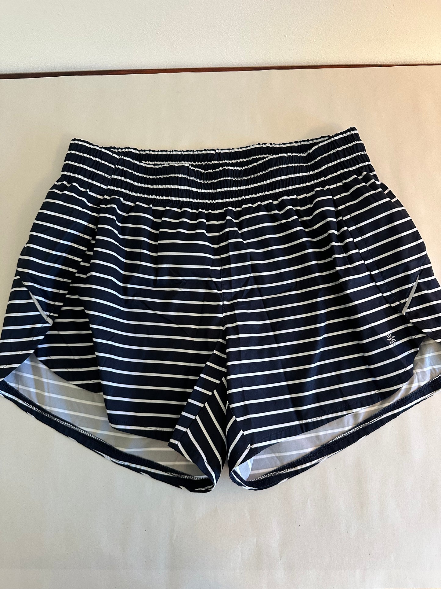 Athleta Dark Blue and White Striped Shorts - Size Medium