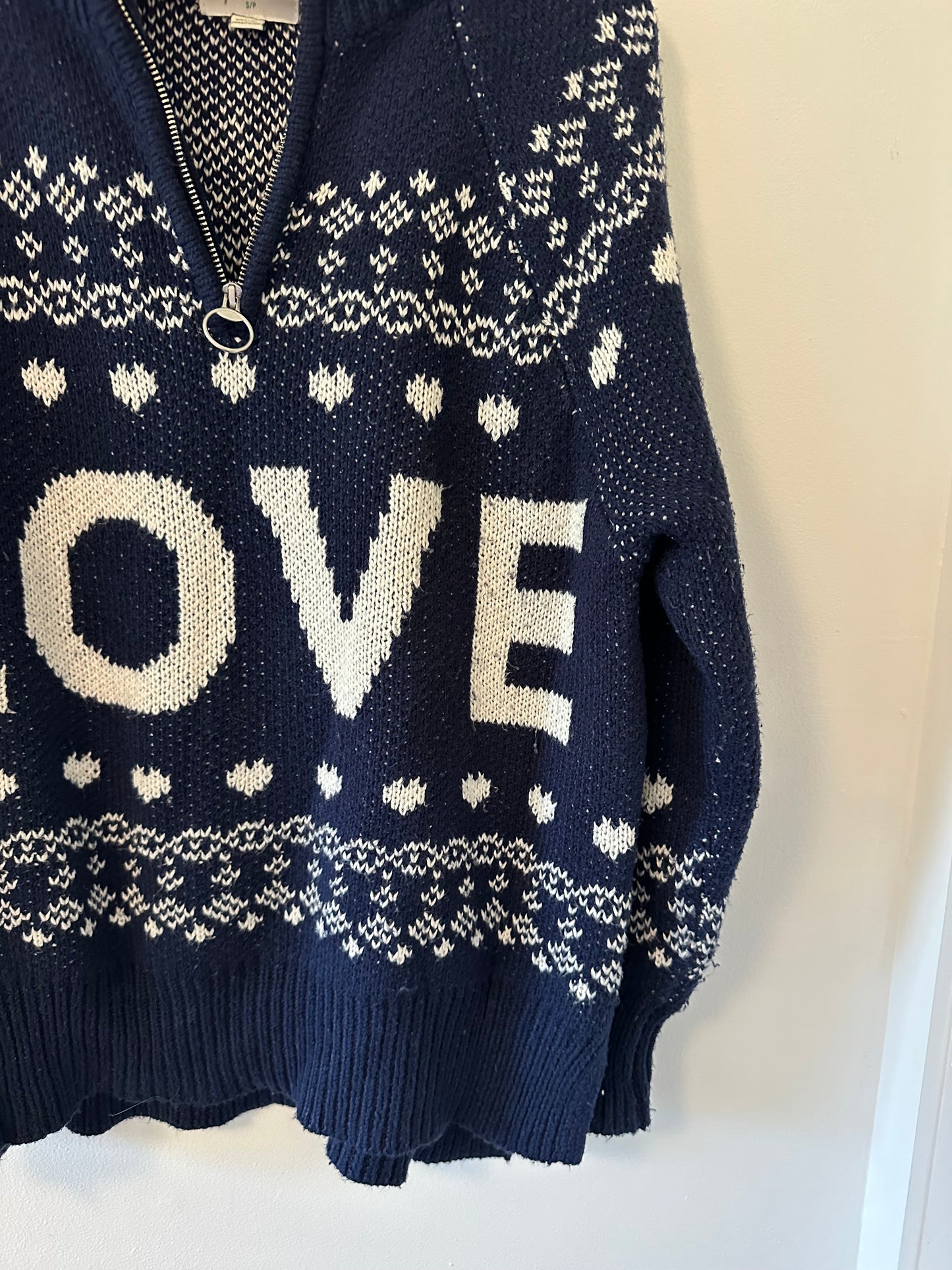 Aerie Navy and White LOVE Turtleneck Quarter Zip Sweater - Size Small