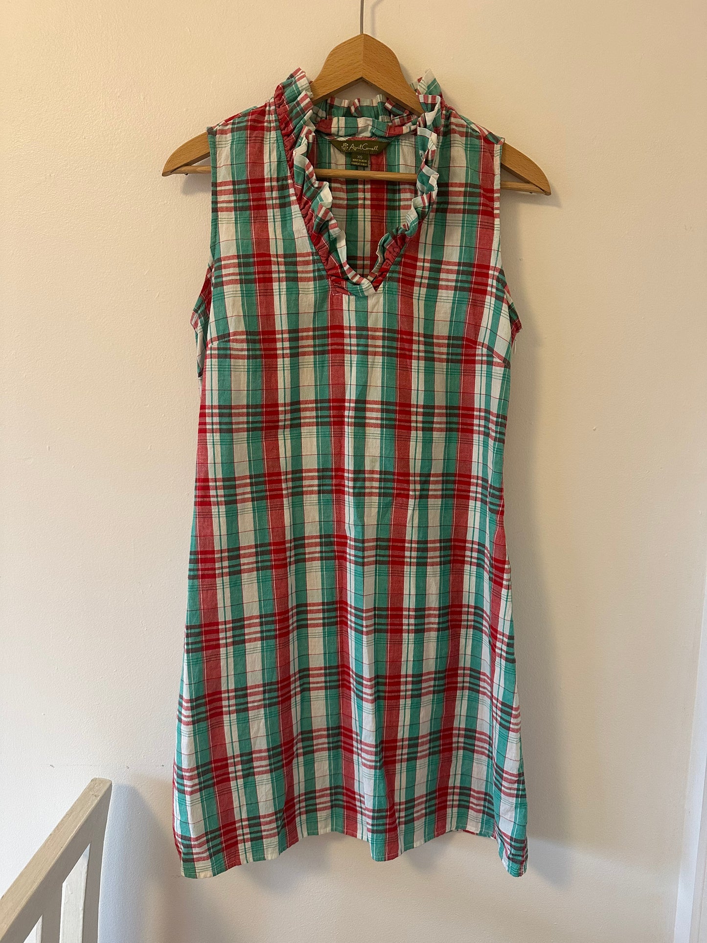 April Cornell Plaid Sleeveless Dress with Ruffle Collar Size XS