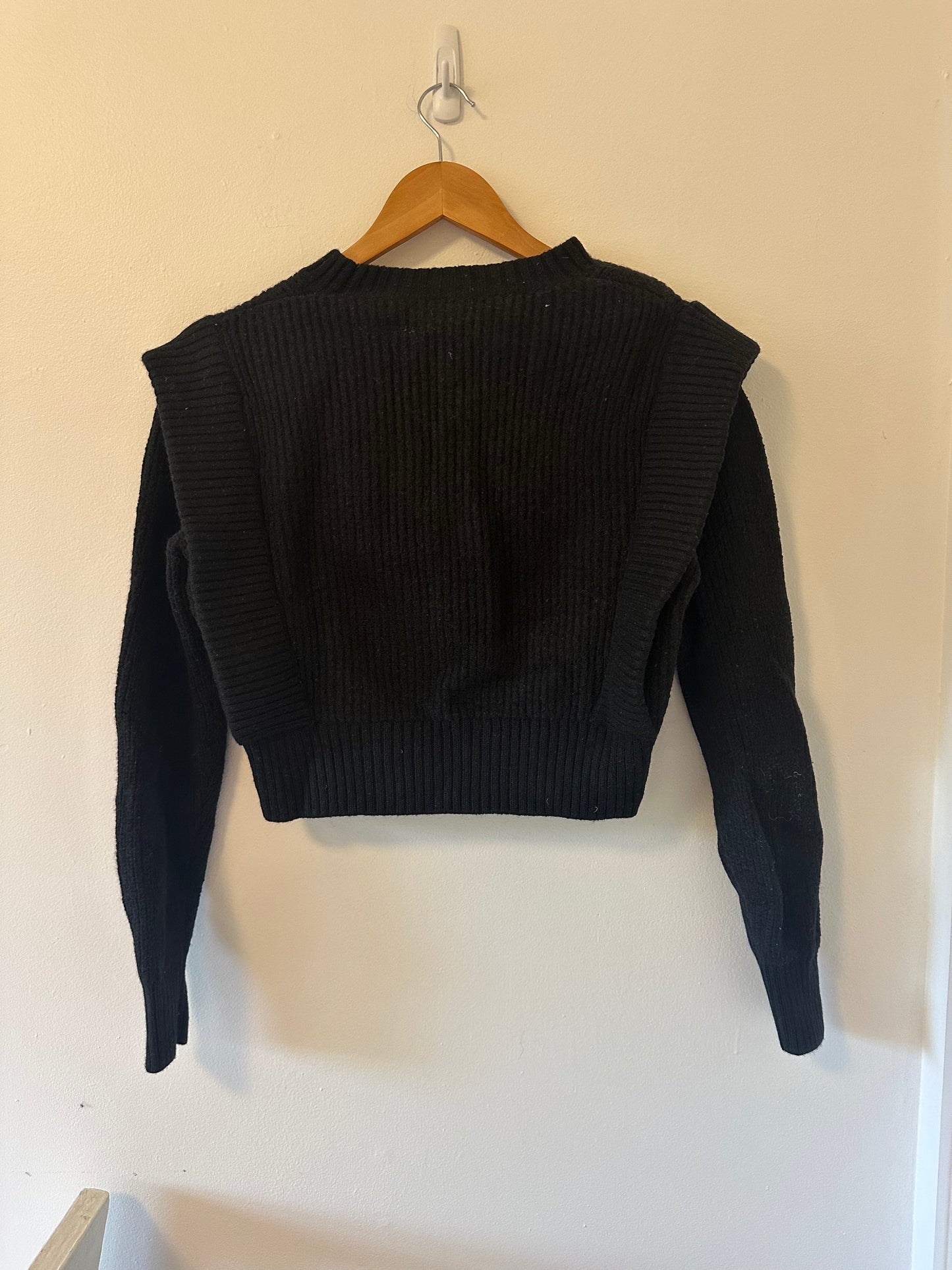 Babaton Black Ribbed Structured Cropped Merino Wool Sweater - Size Small