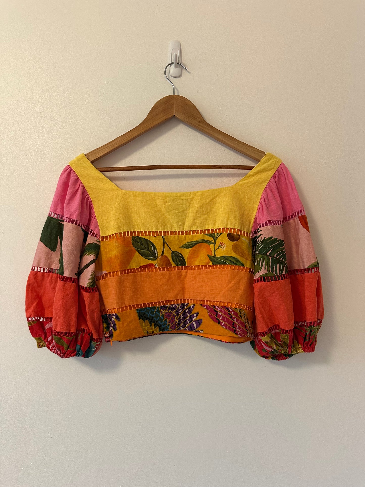 FARM Rio Rainbow Mixed Prints Tiered Linen Blend Top | Size Medium