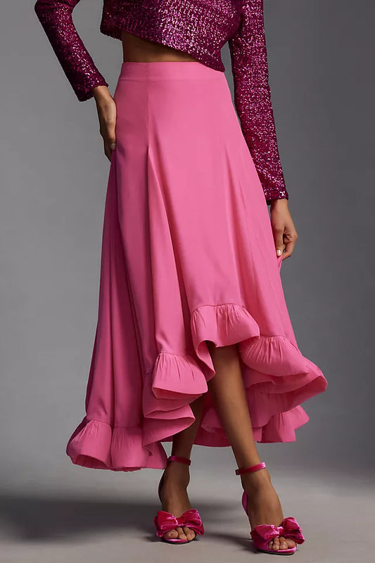 NWT Mare Mare x Anthropologie Ruffle Hem Midi Skirt in Pink | Size Medium