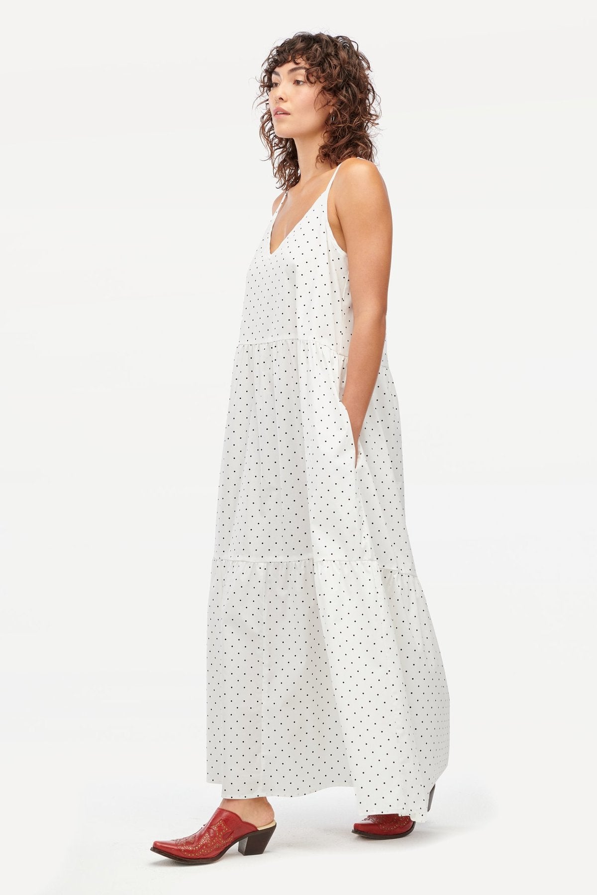 LACAUSA - Crosby Tiered Maxi Dress in White With Black Polka Dots | Size Small