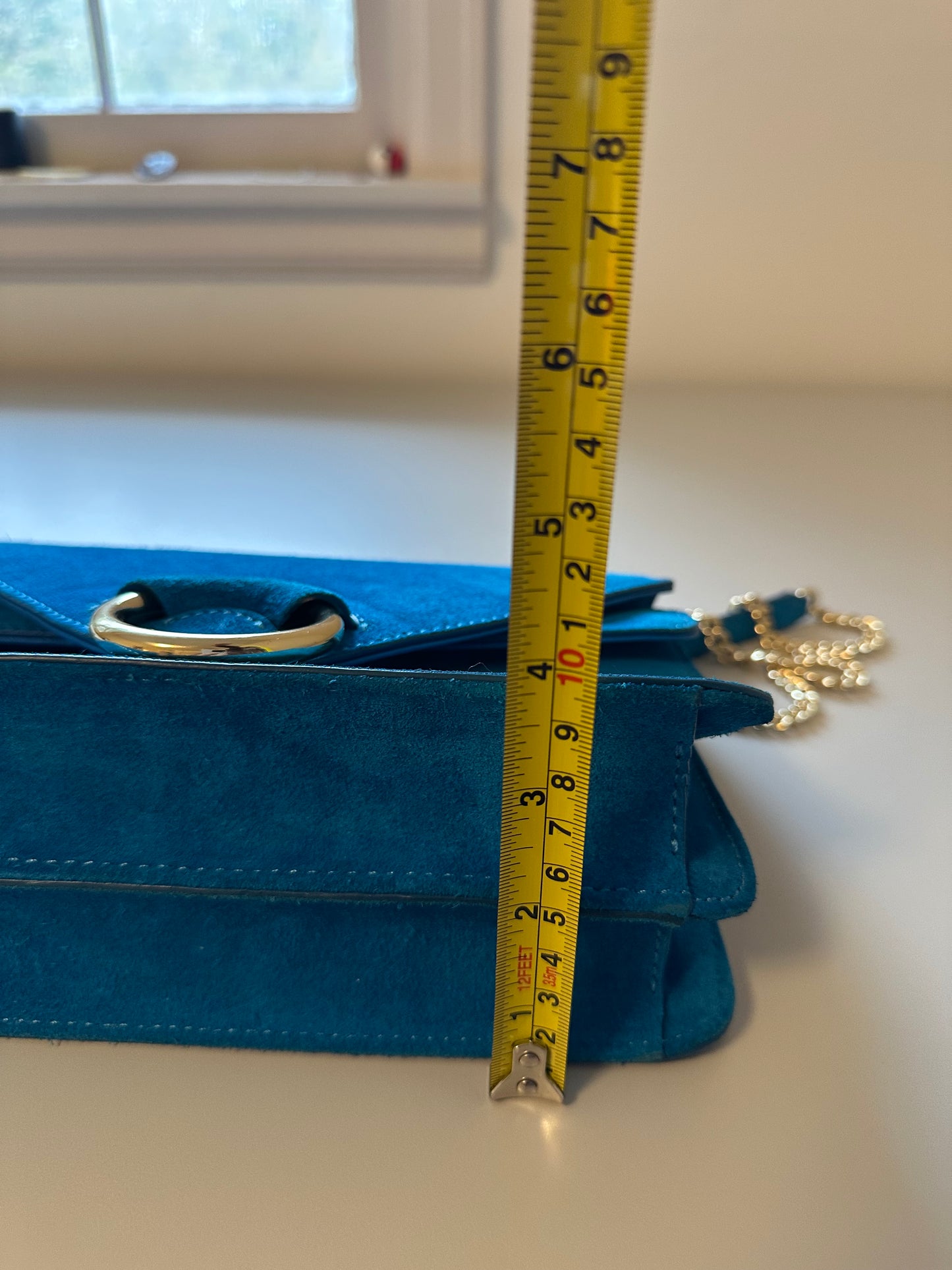 Banana Republic Bright Blue Suede Crossbody Bag with Gold Hardware and Chain