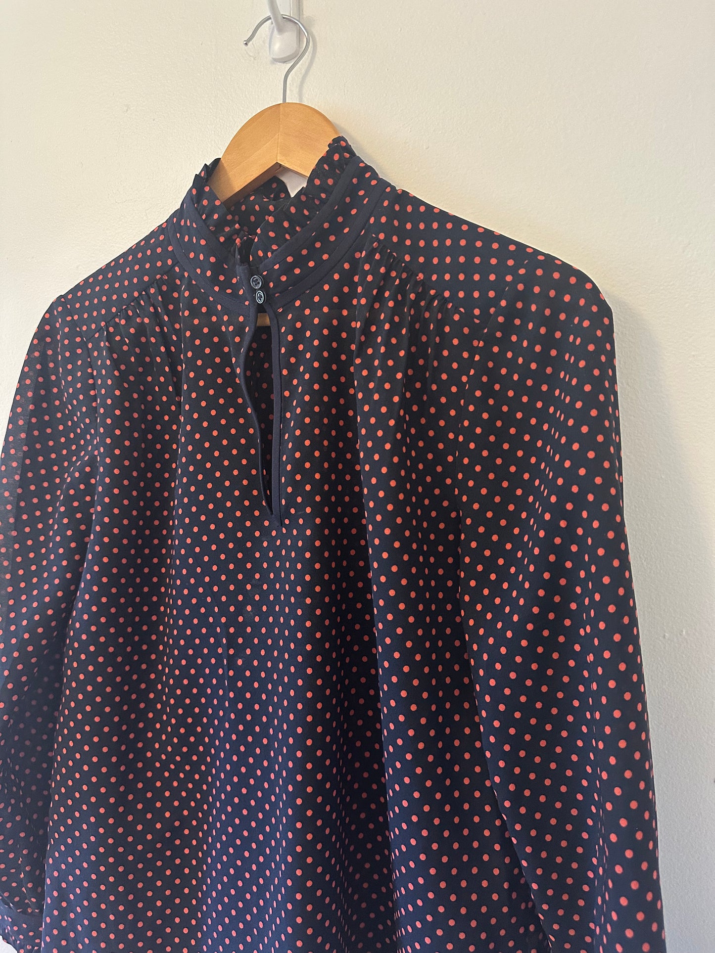 J. Crew - Navy and Red Polka Dot Stand Up Collar Sheer Flowy Blouse | Size 6