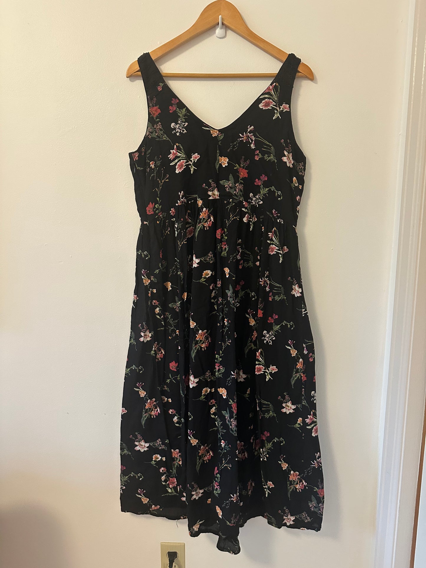 Maeve - Black V-Neck Dress with Pink Floral Embroidery | Size XS