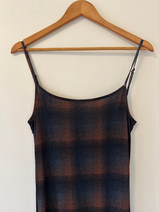Thrills Enmesh Plaid Bodycon Mesh Spaghetti Strap Dress in Navy and Brown | Size Large