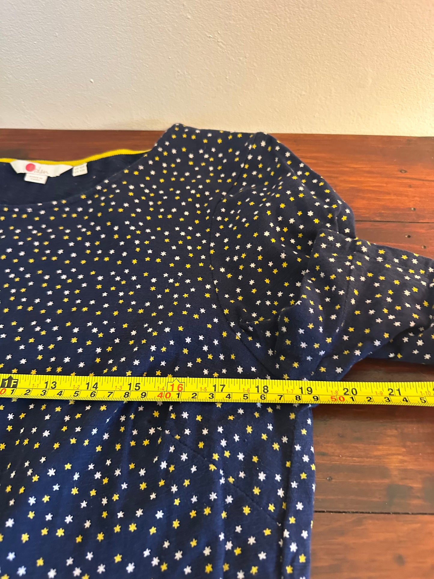 Boden Navy T-Shirt Dress with Yellow and White Star Print - Size 12