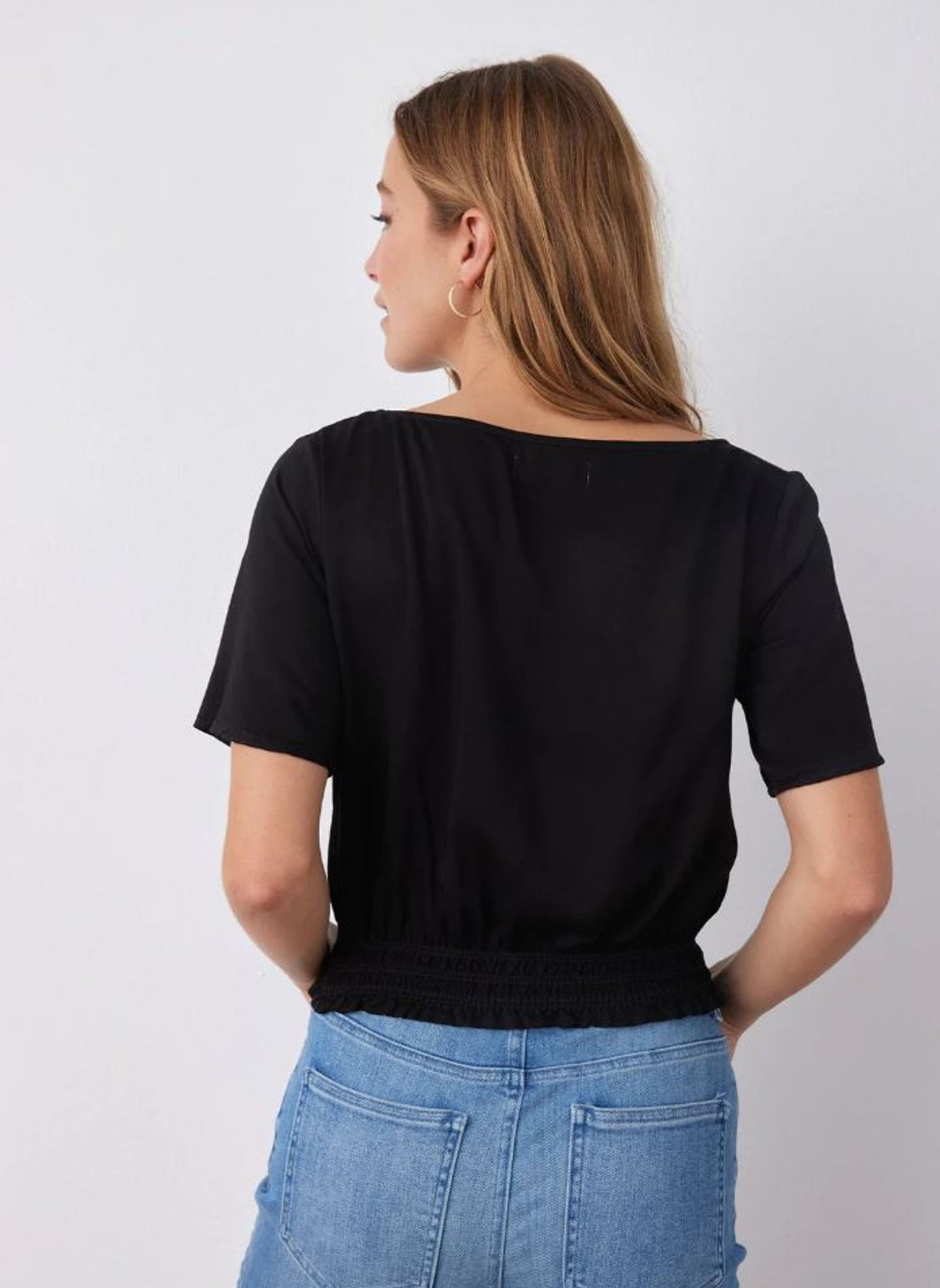 Bella Dahl Satin Smocked Waist Top in Black | Size Medium