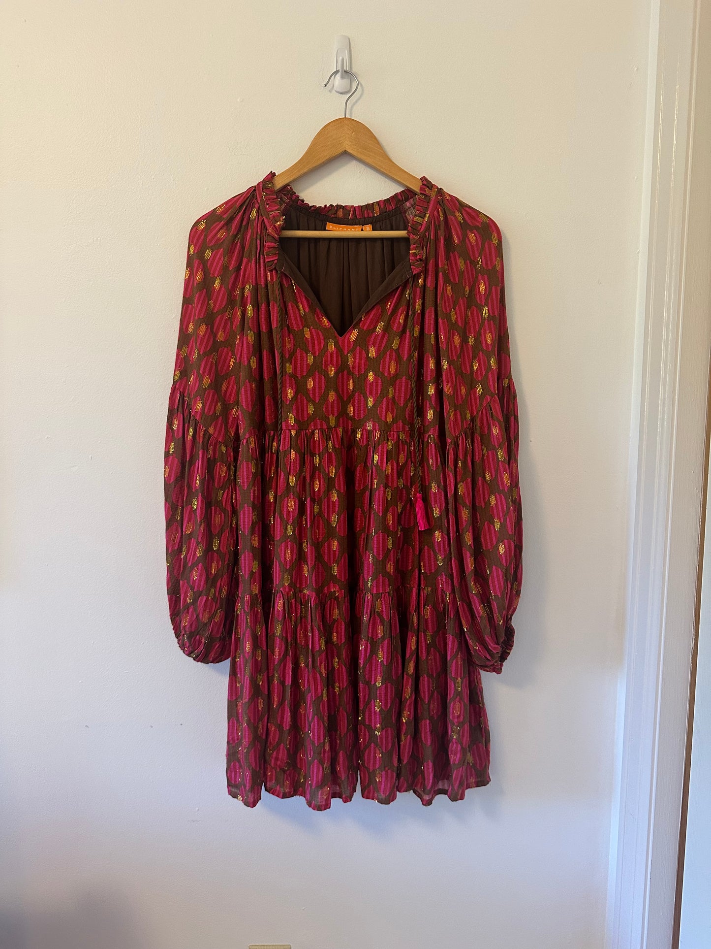 Oliphant - Fig Red and Pink Balloon Long Sleeve Tiered Ruffle Dress | Size Small