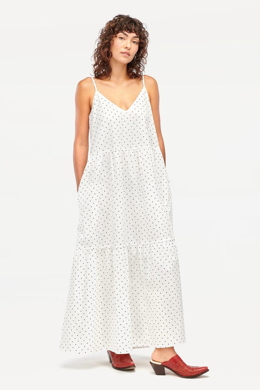 LACAUSA - Crosby Tiered Maxi Dress in White With Black Polka Dots | Size Small
