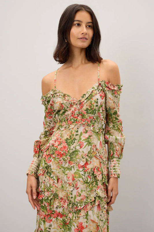 Mac Duggal Floral Long Sleeve Ruffle Detail Off-Shoulder Dress - Size 10