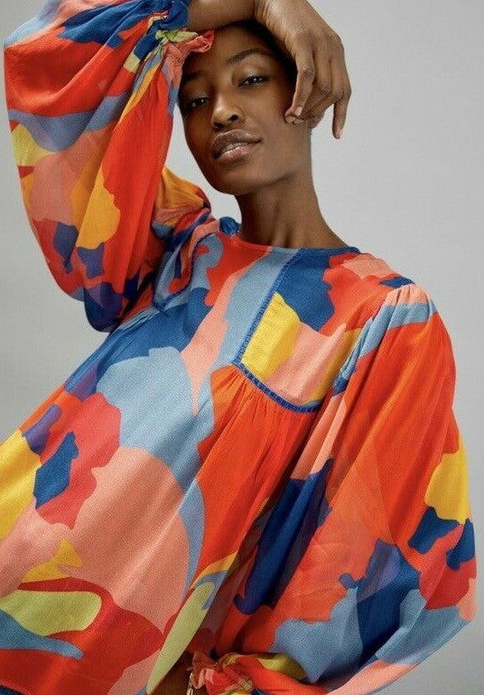 Blank London Miranda Peasant Colorful Abstract Flowy Blouse | Size XSP