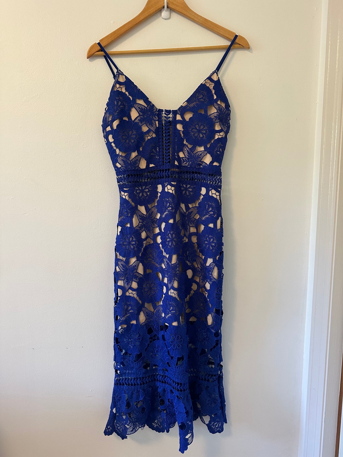 Just Me Mermaid Lace Crochet Midi Dress in Blue | Size Small