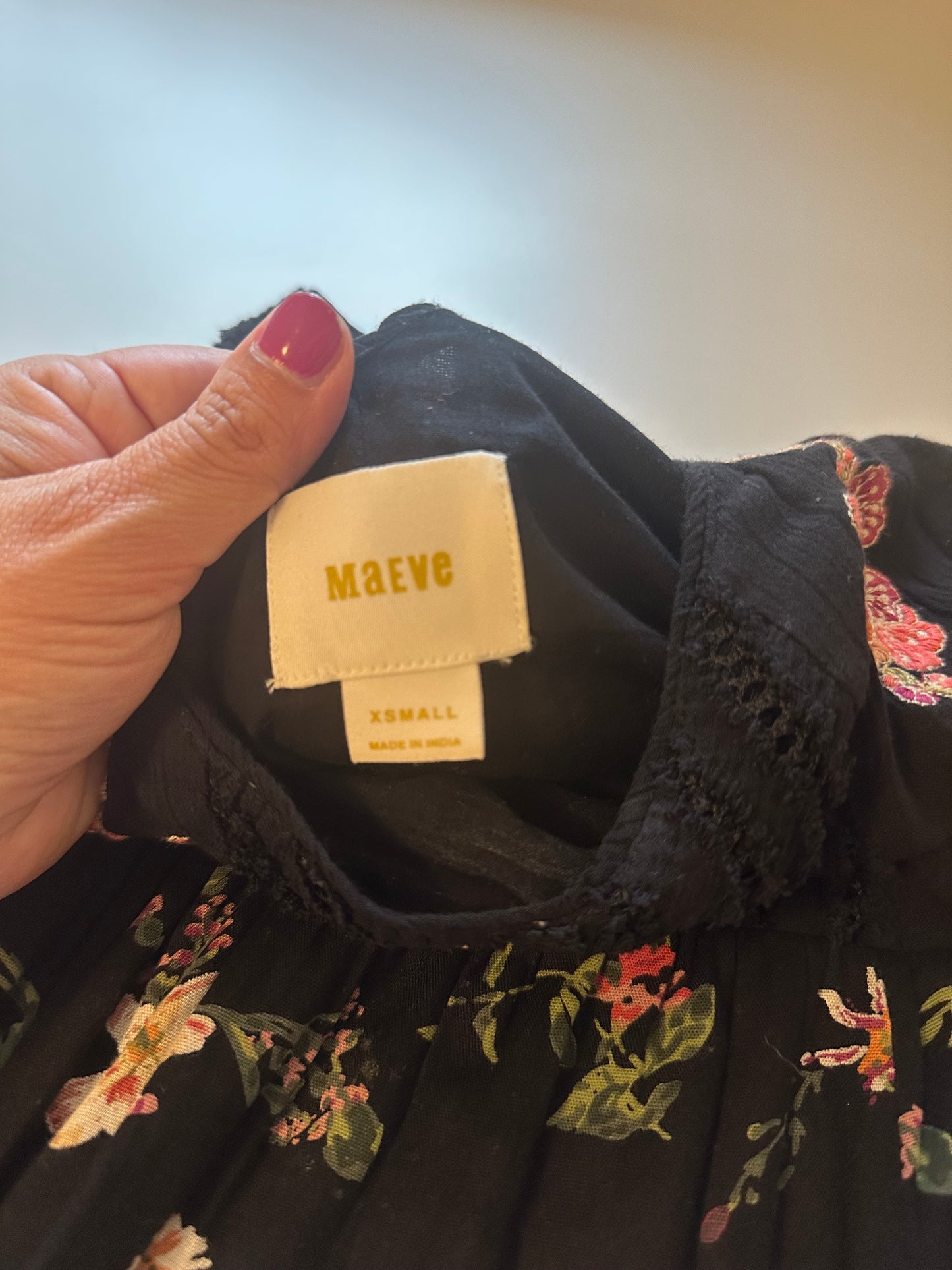 Maeve - Black V-Neck Dress with Pink Floral Embroidery | Size XS