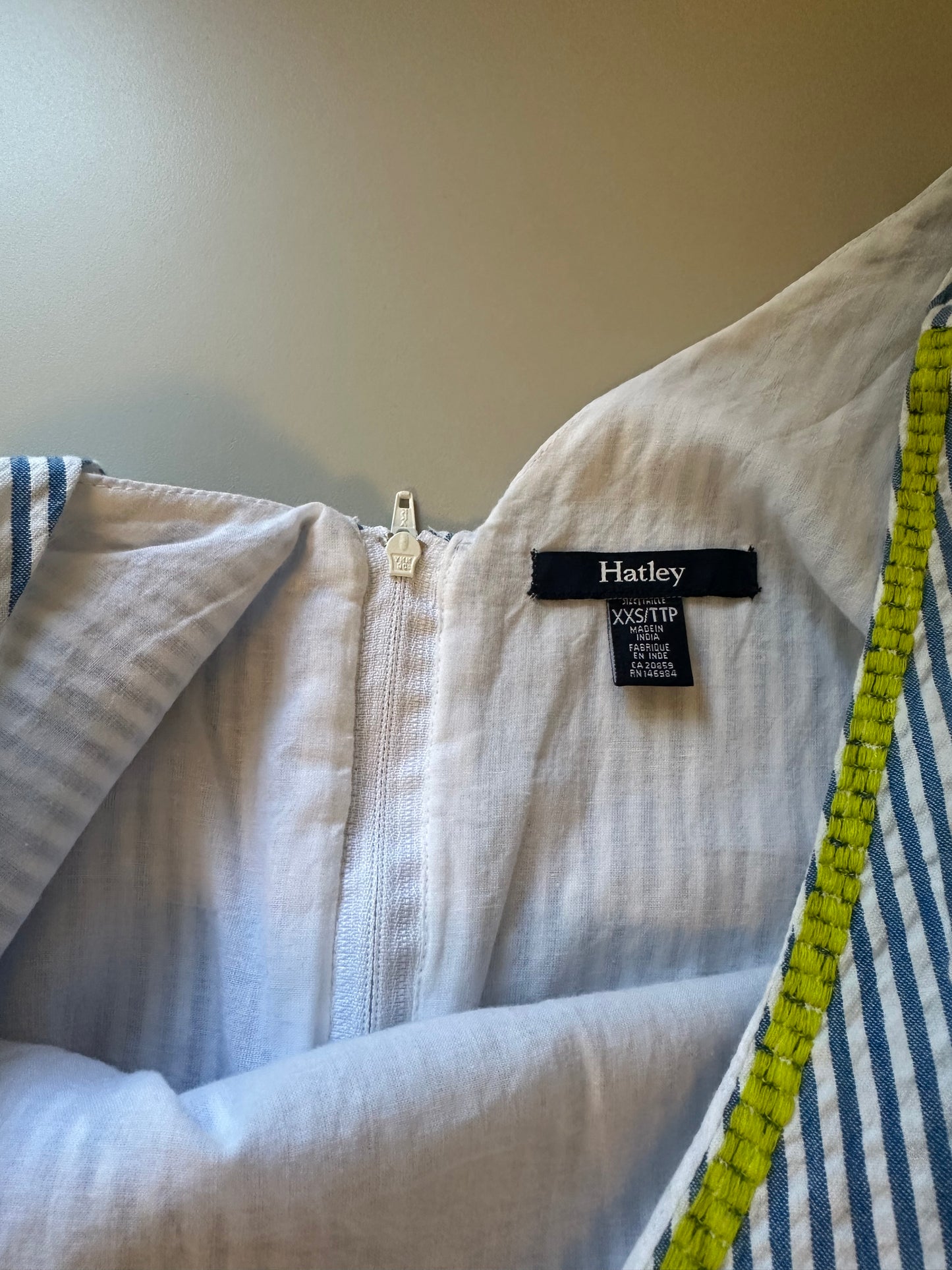 Hatley Seersucker Blue and Green Striped Midi Dress | Size XXS