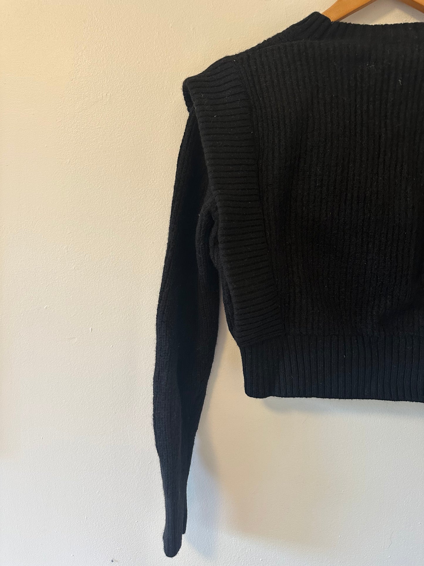 Babaton Black Ribbed Structured Cropped Merino Wool Sweater - Size Small