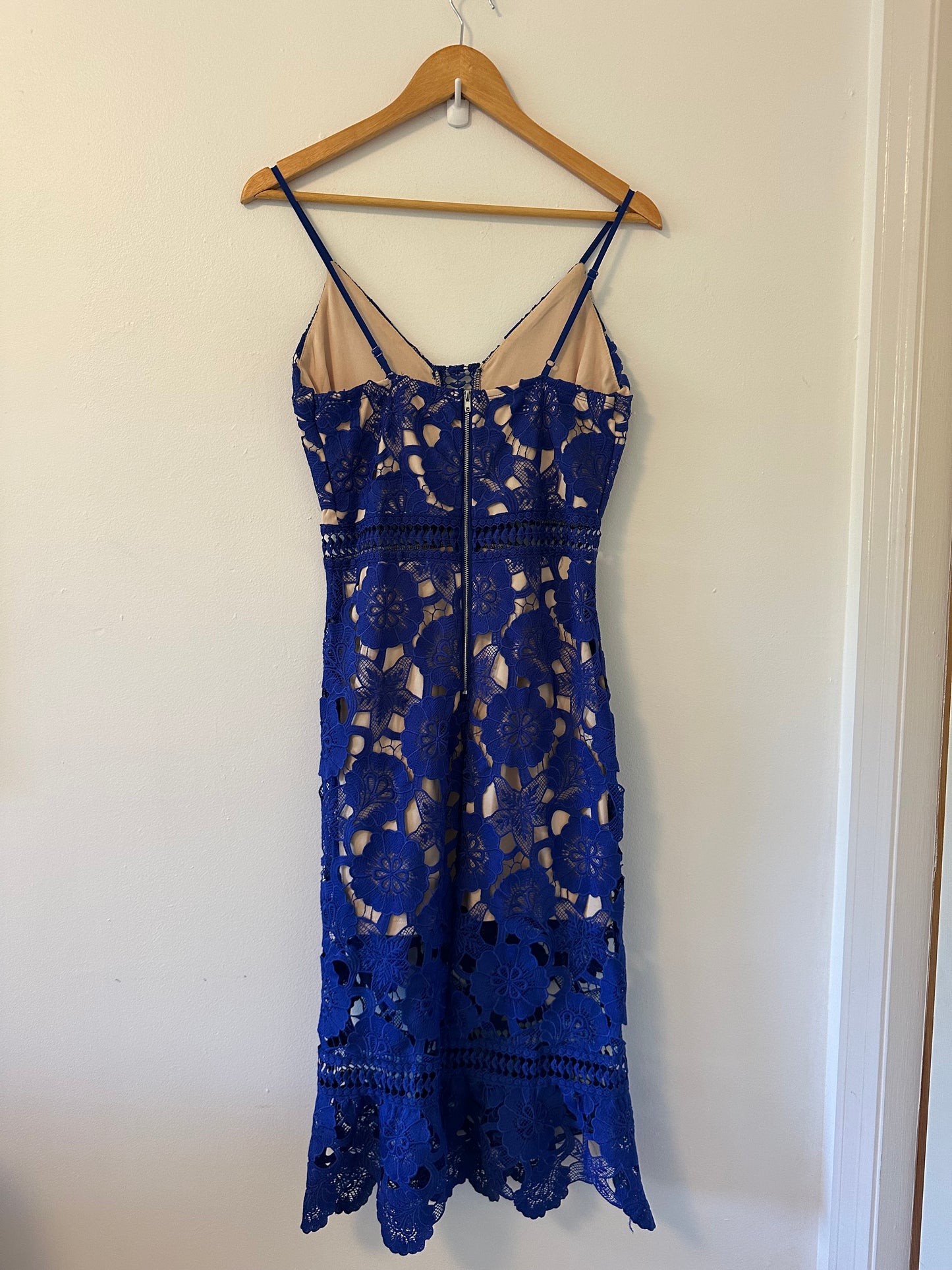 Just Me Mermaid Lace Crochet Midi Dress in Blue | Size Small