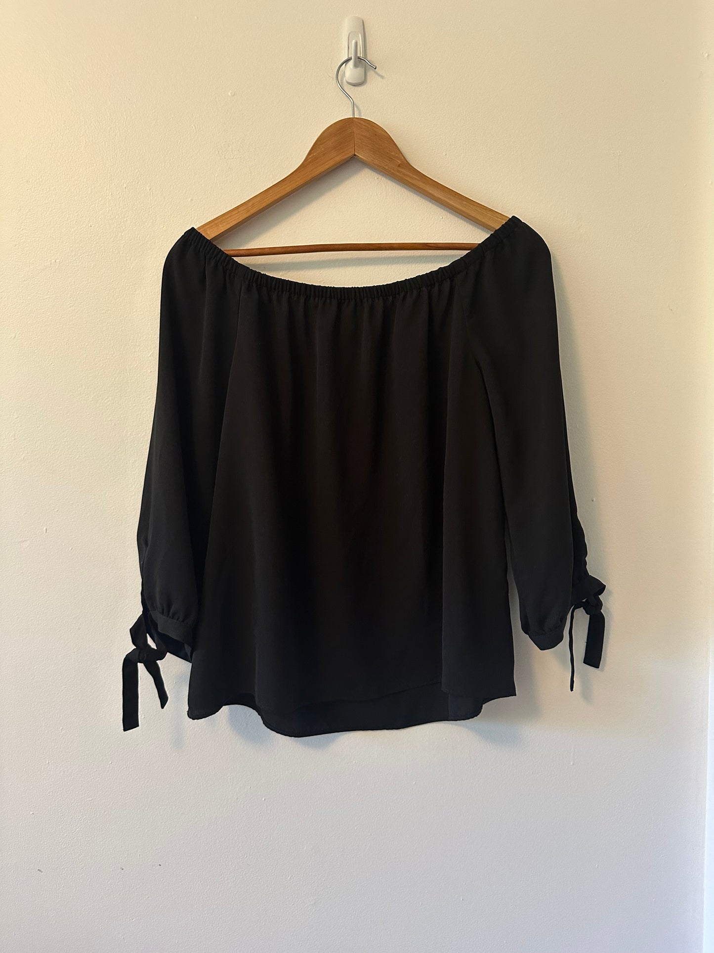 J. Crew Black Off-Shoulder Blouse with Tie Sleeves | Size Small
