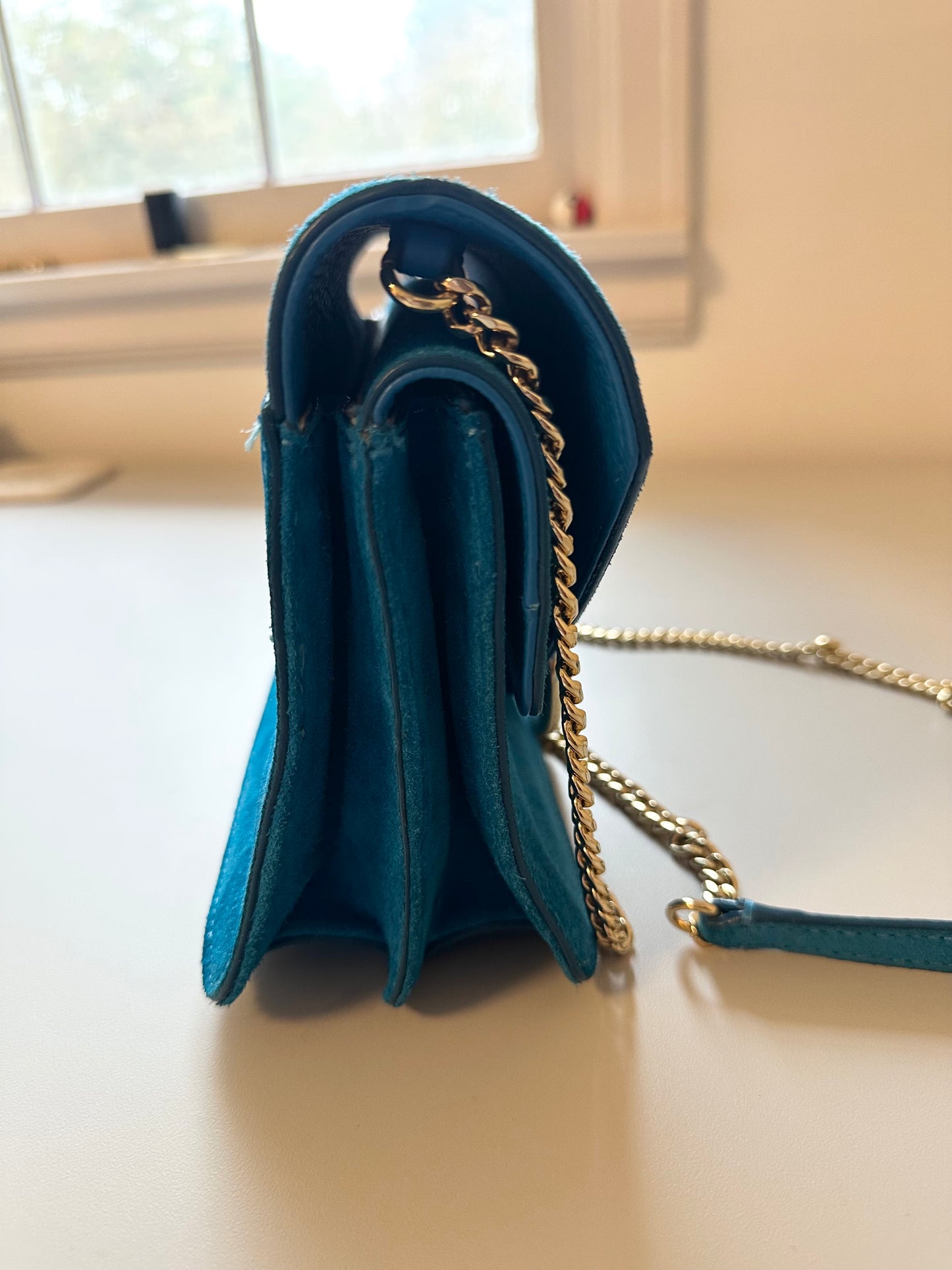 Banana Republic Bright Blue Suede Crossbody Bag with Gold Hardware and Chain