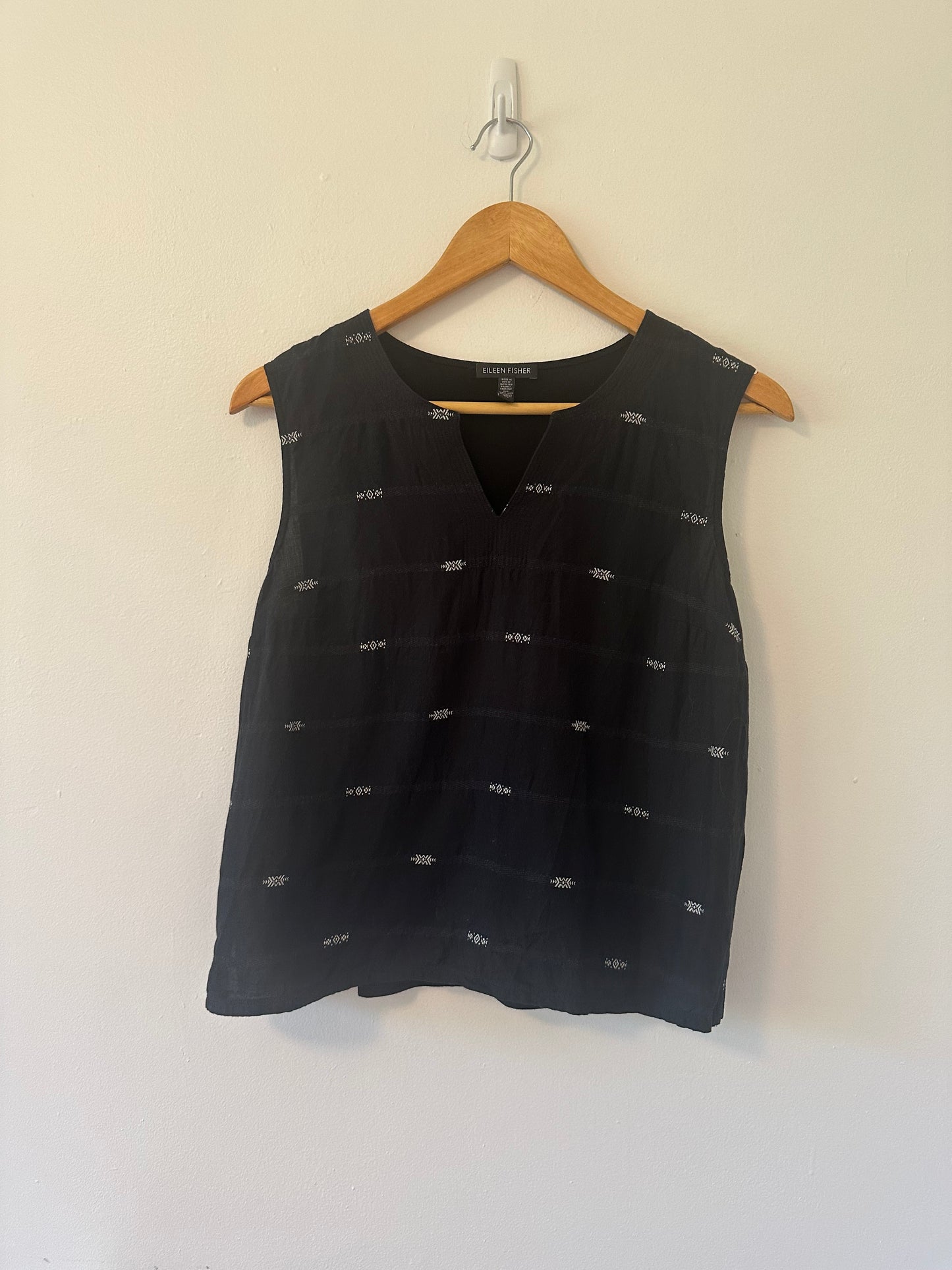 Eileen Fisher Nomadic Stripe Black Round Split Neck Shell Tank Top - Size Small