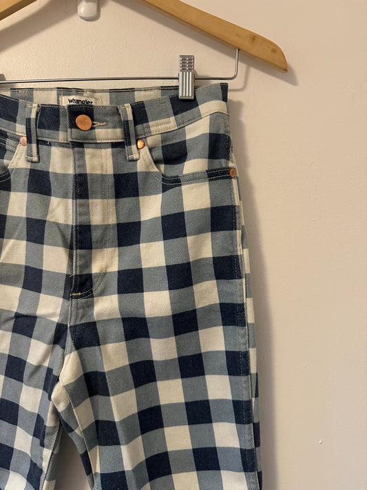 Wrangler - Wrock Gingham Kick Flare Blue and White Denim Jeans | Size 27
