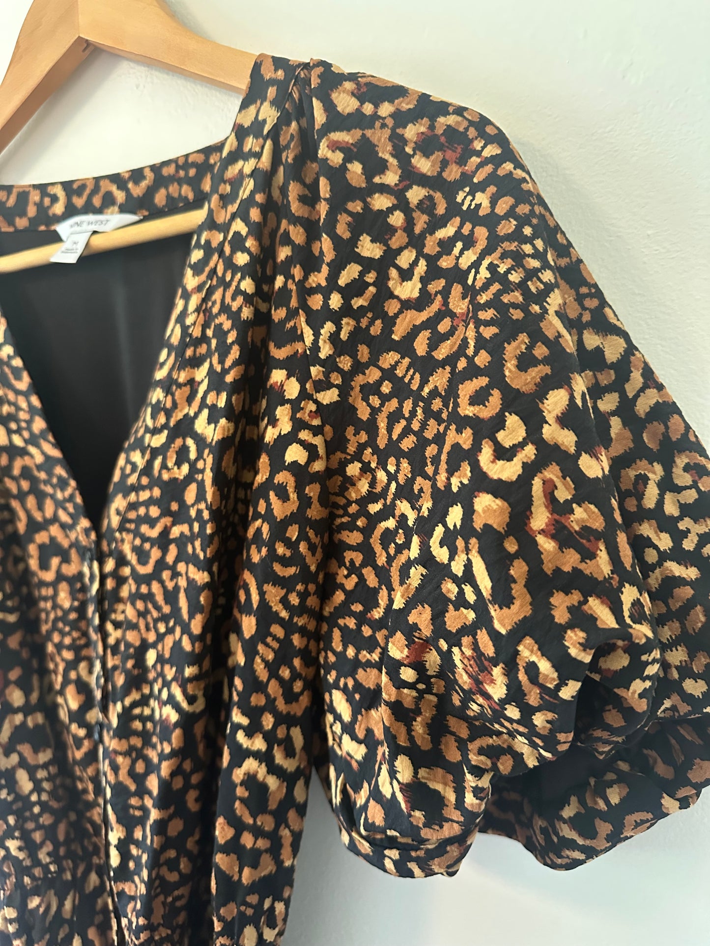 Nine West Puff Sleeve Brown Leopard Print Button Front Mini Dress | Size Medium