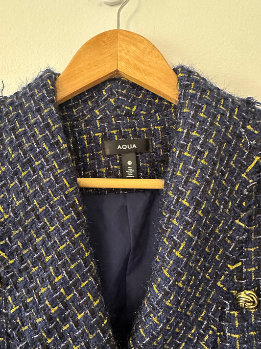 Aqua Cutaway Tweed Double Breasted Jacket in Navy | Size Medium