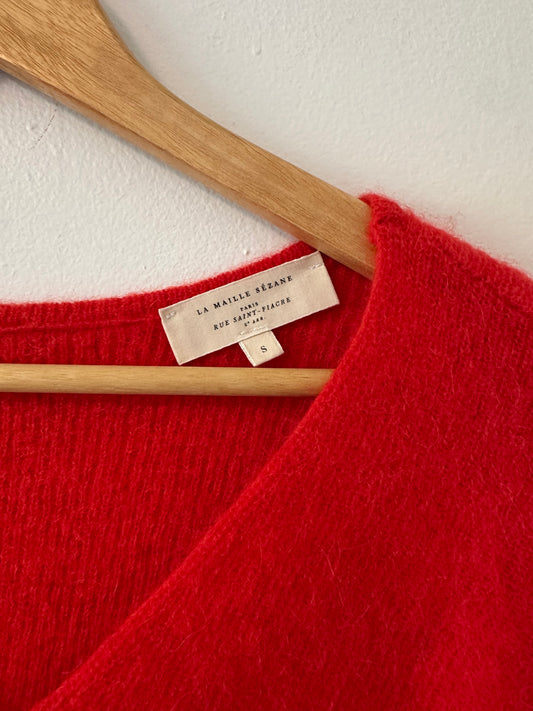 Sezane Barry V-neck Cardigan Sweater in Bright Red Mohair | Size Small