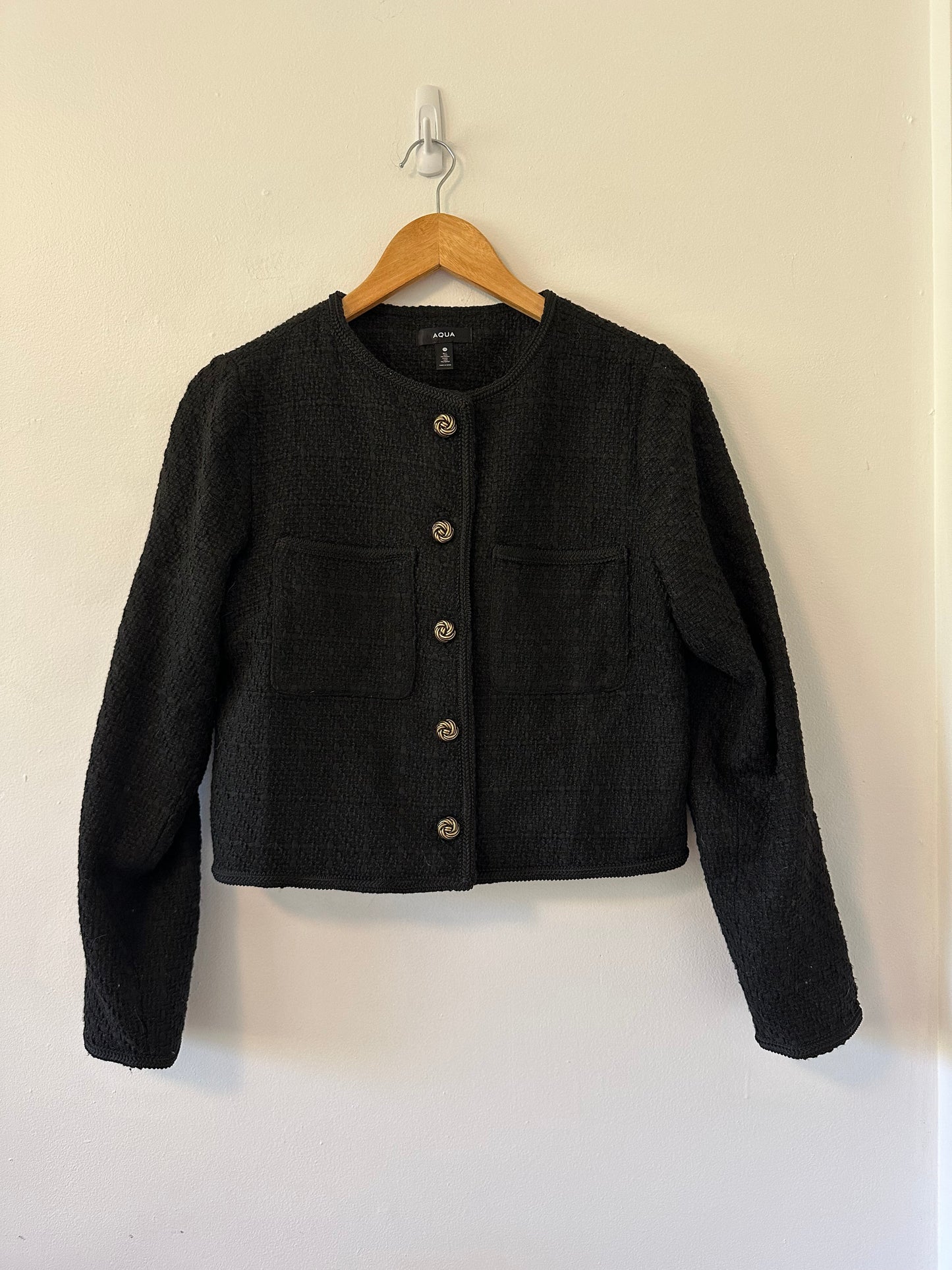 Aqua Black Tweed Textured Blazer Jacket with Gold Buttons | Size Medium