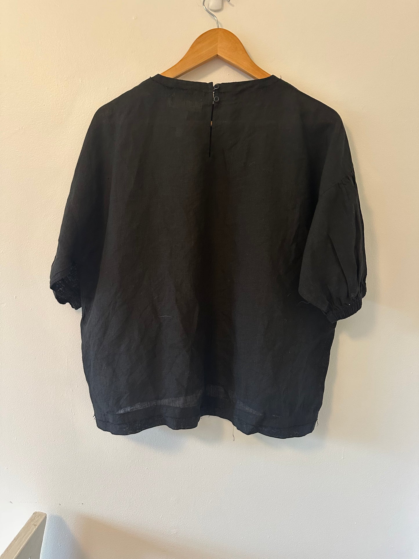 Apiece Apart Black Raw Edge Hem Peasant Blouse with Pouf Sleeves - Size XS