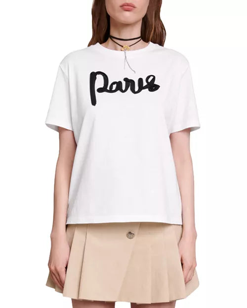 NWT Maje Cotton Short Sleeve Ribbon “Paris” T-Shirt | Size 3 (Large)
