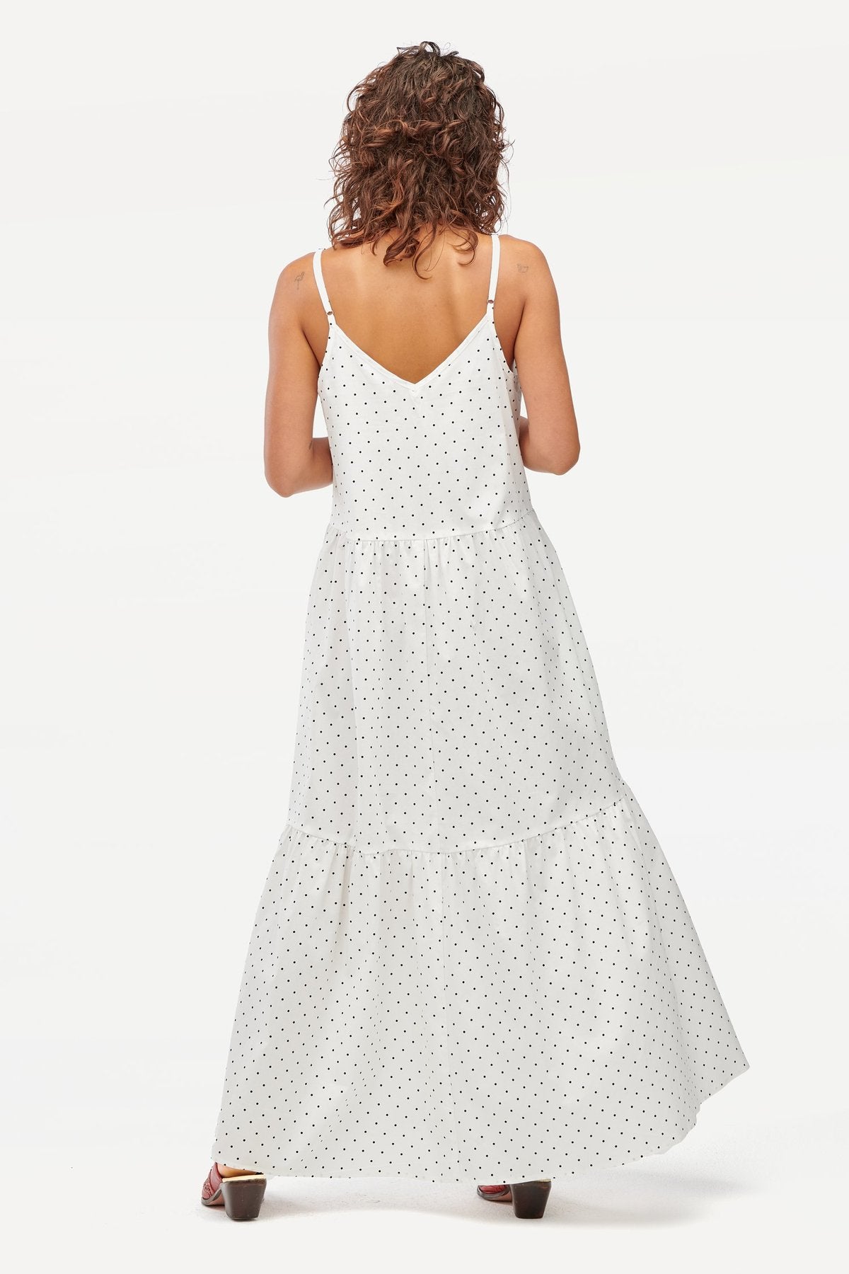 LACAUSA - Crosby Tiered Maxi Dress in White With Black Polka Dots | Size Small