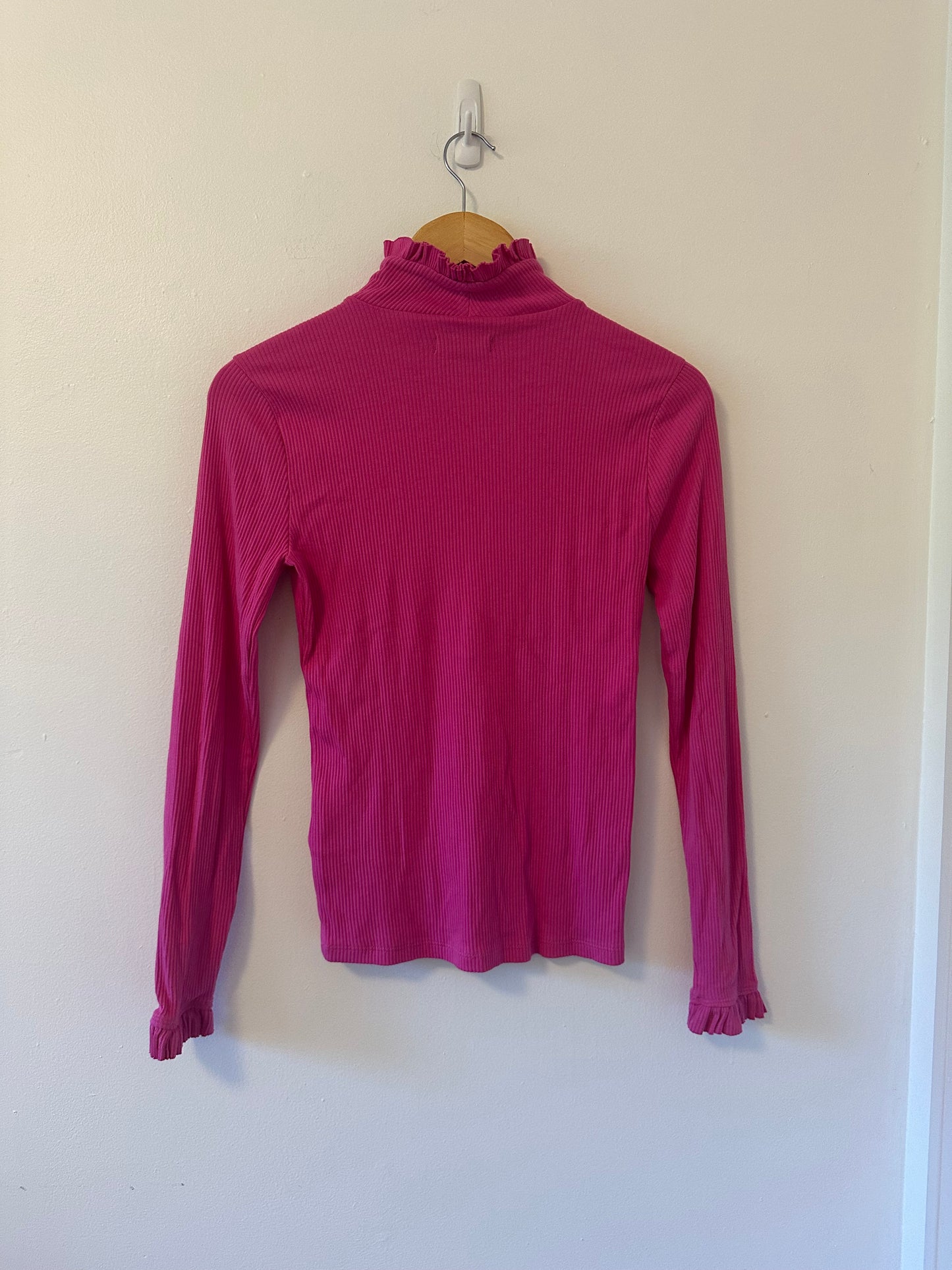 J. Crew - Vintage Rib Knit Pink Ruffled Neck Turtleneck Top | Size Small
