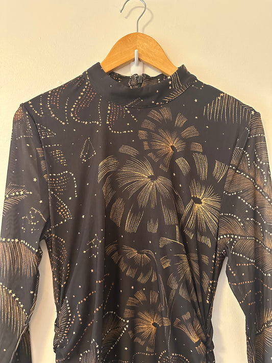 NWT FARM Rio Golden Foliage Long Sleeve Tulle Midi Dress in Black | Size Large