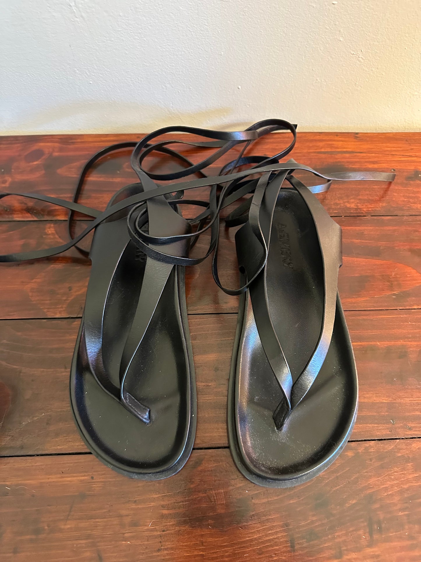 A. Emery - Black Leather Ankle Wrap Gladiator Thong Sandals in Box | Size 38